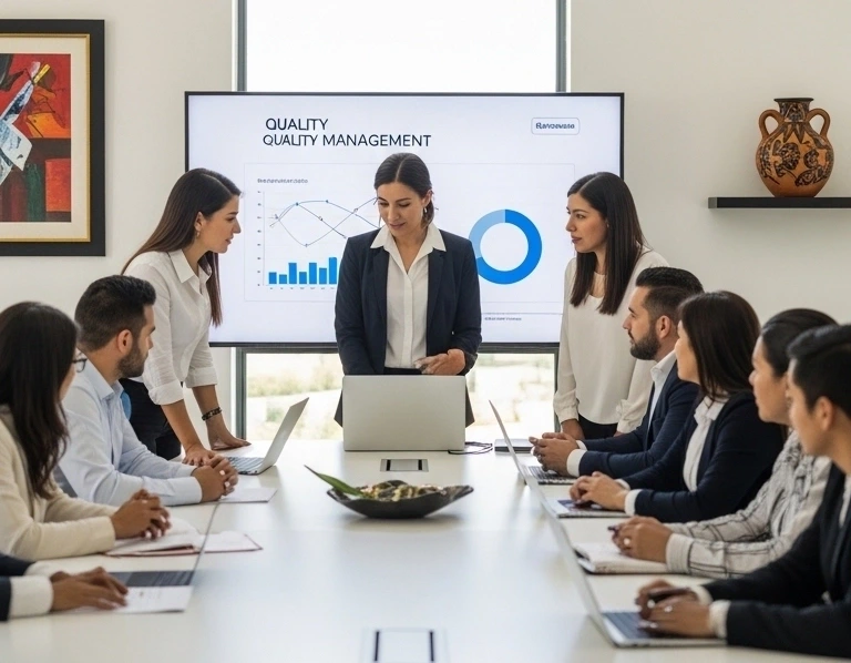 Empresarios reunidos dialogando sobre la ISO 9001
